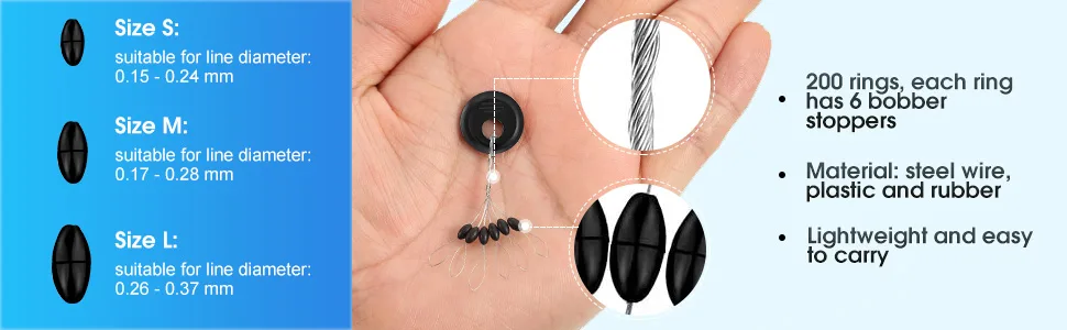 Outus 1200 Pieces Fishing Rubber Bobber Beads Stopper 6 in 1 Black Float Sinker Stops Small Oval Shape - product information 2
