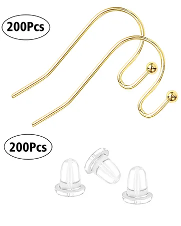 Earring Hooks 14K Gold Plated Hypoallergenic Ear Wires for Jewelry Making (200 PCS Earring Hooks+200 PCS Earring Backs) A-14K Gold - gold earring hooks