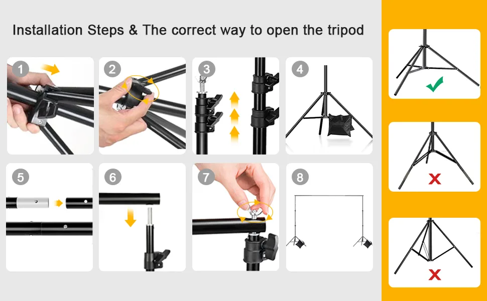 Backdrop Stand for Parties, CPLIRIS 6.5x10ft Adjustable Photo Backdrop Stand Background Support with 4 Spring Clips, 2 Sandbag, 4 Backdrop Holder Clip for Parties, Baby Shower, Birthday - Installation steps for 6.5x10ft Photo Backdrop Stand