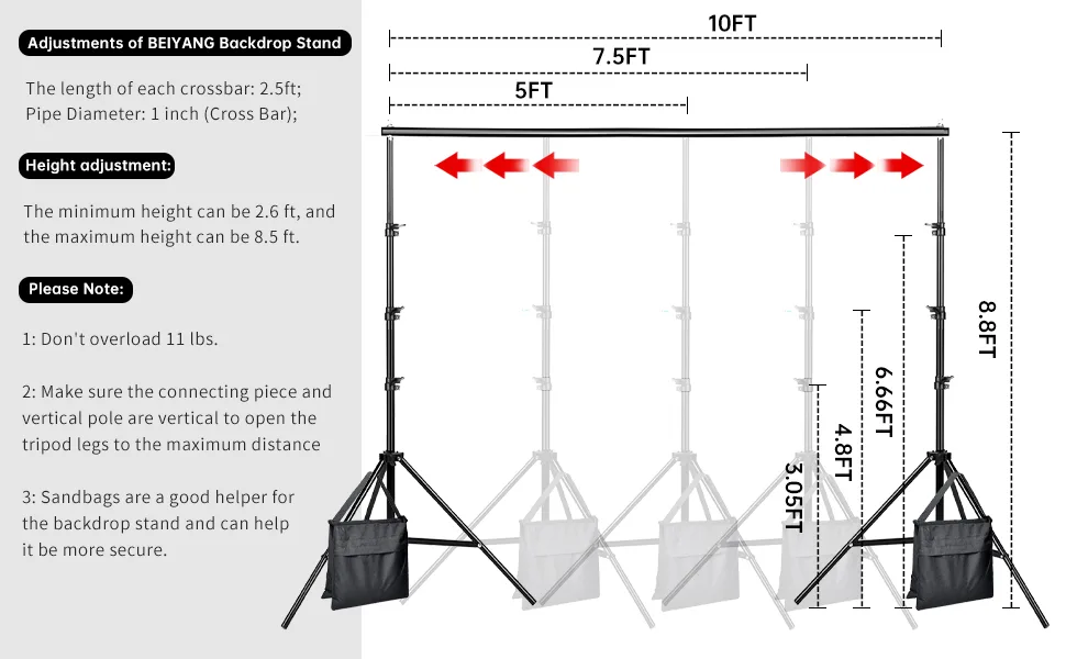 BEIYANG Photo Video Studio 8.5 x 10 FT, Adjustable Backdrop Stand System Kit with Carry Bag for Wedding Party Stage Decoration 8.5*10FT - product information 4