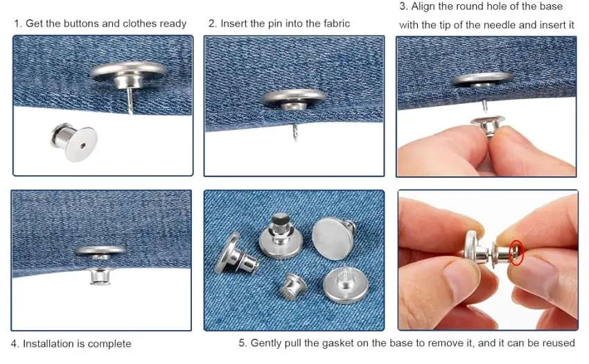 12 Sets Jean Buttons pins No Sew Instant 17mm Replacement Button Adjustable Pants Buttons Kit Matt silver 12 - product information 4