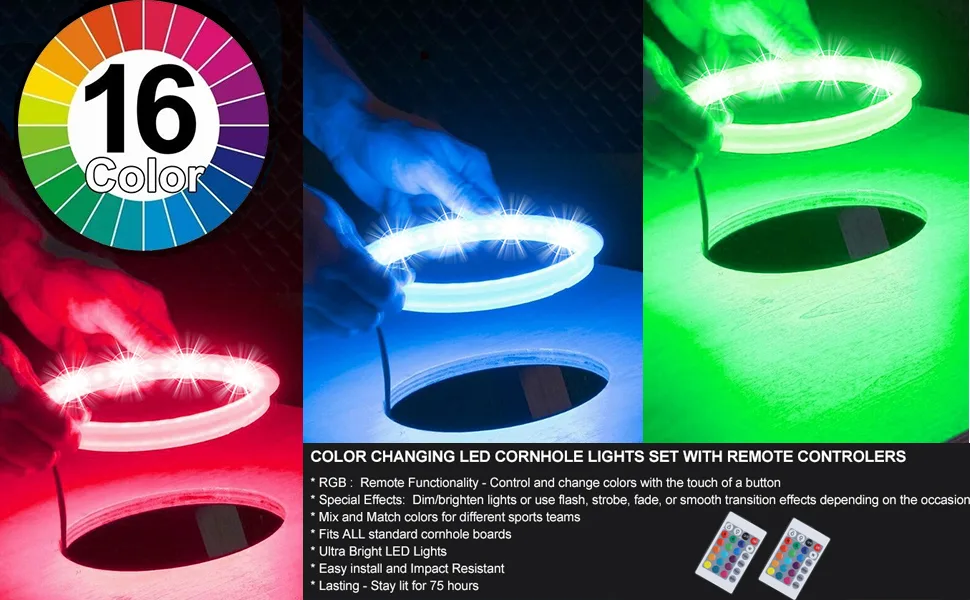 ELECTOP Upgrade Version, Cornhole LED Lights, Ultra Bright Board Corn Hole Lights, 16 Color Changing with Remote Control Board Ring Lights for Family Backyard Bean Bags Toss Game (2 Sets) - product information 5