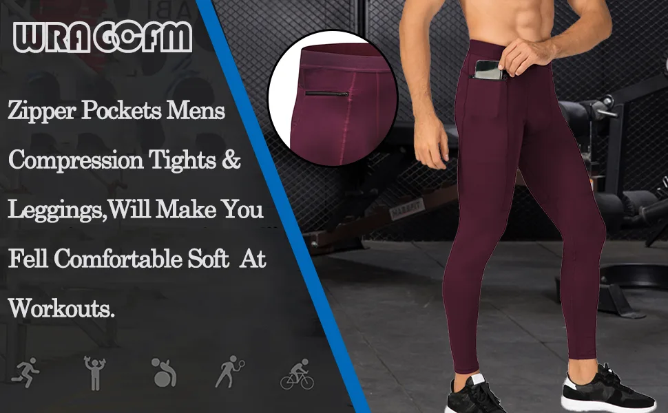 WRAGCFM Men's Compression Pants Workout Athletic Leggings Running Gym Tights with Pockets Black Large - mens leggings