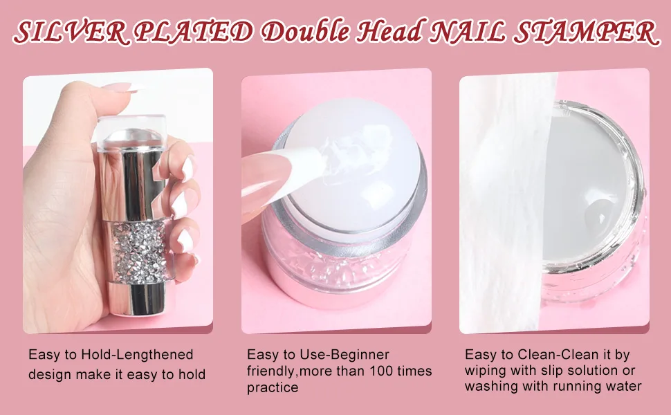 Silver French Tip Nail Stamp Double Sided Clear Nail Art Stamper Jelly with Scraper,Soft Silicone Stamper Clear Silicone Stamping - silicone nail stamp