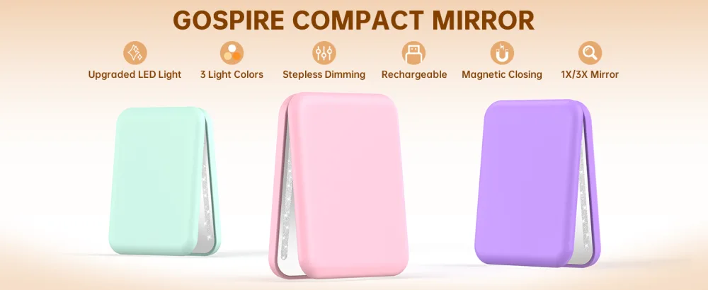 Gospire Mini Rechargeable Travel Makeup Mirror with Lights and Magnification 1X / 3X, LED Compact Mirror with 3 Light Colors & Adjustable Brightness, Small Vanity Mirror Handheld for Purses  Pink - product information 9