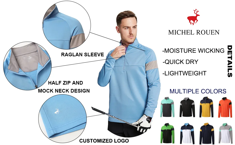 Quarter Zip Golf Pullover Men Slim Fit Performance Wicking Raglan Long Sleeve Mock Neck Sweatshirts Dark Grey/Light Grey/Orange Large - half zip pullover men