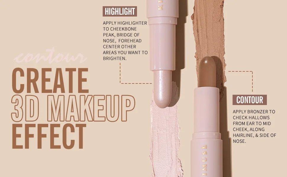 KIMUSE 2 Color Dual Cream Contour Stick, Highlight & Contour Bronzer Stick, Long Lasting & Waterproof Contour Sticks Kit for Light Skin Face Makeup W01-LIGHT - product information 13