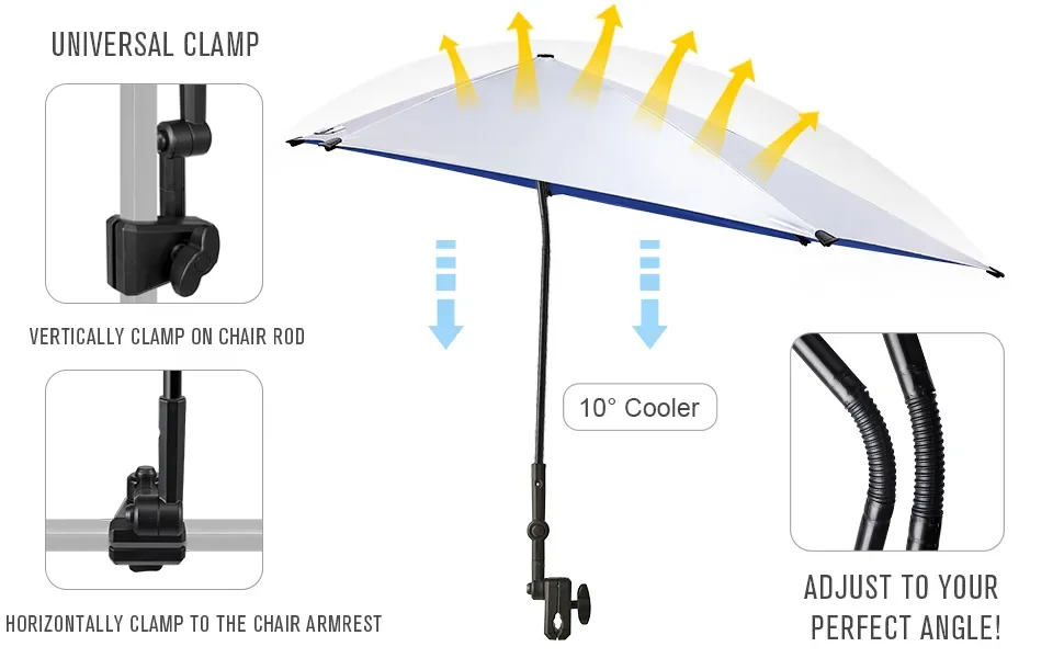 G4Free UPF 50+ Adjustable Beach Umbrella XL with Universal Clamp for Chair, Golf Cart, Stroller, Bleacher, Patio (Black/Silver) Black1 - product information 2