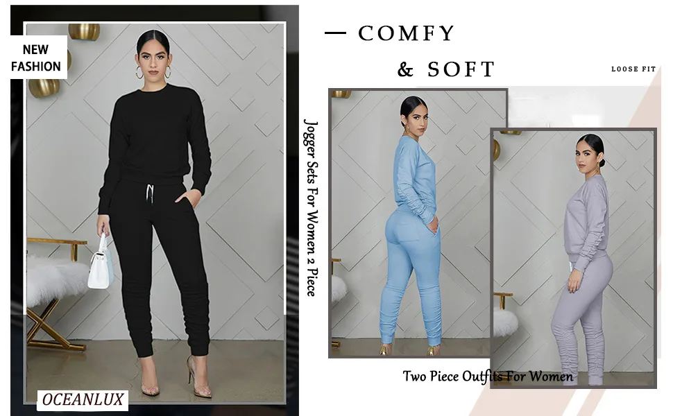 OCEANLUX Women s Plus Size Christmas Shirts Jogging Suits Sets 2 Pcs Outfit Sets Joggers Sweat Suits with Pockets X-Large Solid Black - product information 2
