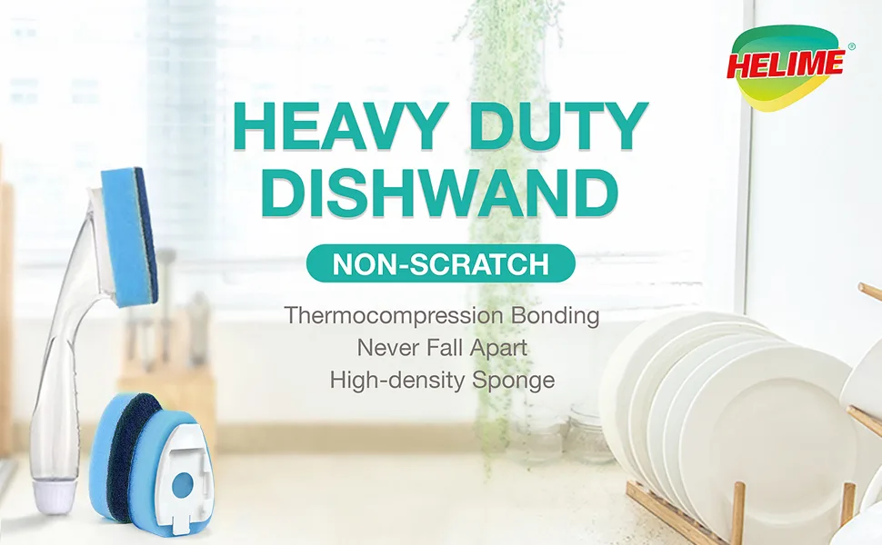 Non Scratch Dishwand Refill with Handle, 6 Heavy Duty Dish Wand Refills, Replacement Sponge Heads Set, Soap Control Dispenser Scrubbers, Dishwashing Scrub Dispensing Brush, Dishwasher Cleaning Tool Blue - heavy duty dishwand refills with handle non scratch soap dispenser cleaning