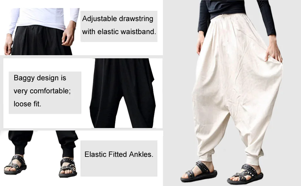 perdontoo Men's Casual Baggy Drawstring Hippie Boho Aladdin Harem Pants 40 White - men harem pants