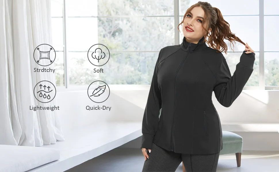 Hanna Nikole Plus Size Running Jackets for Women Full Zip with Thumb Holes Black 22 Plus - product information 11