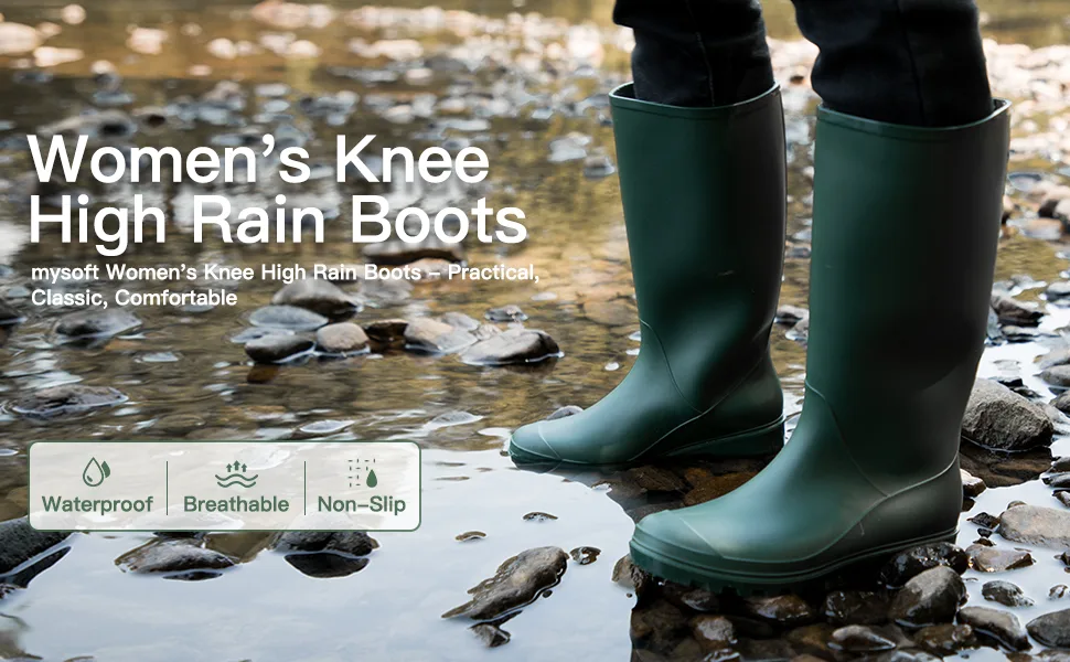 mysoft Women's Knee High Rain Boots Waterproof Tall Rain Footware Wellies Garden Boots 10 Pink - product information 2