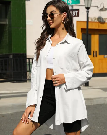 Bianstore Women's Oversized Linen Shirts Blouses Tops Long Sleeve High Low Button Up Shirts Black XX-Large - white button down shirt