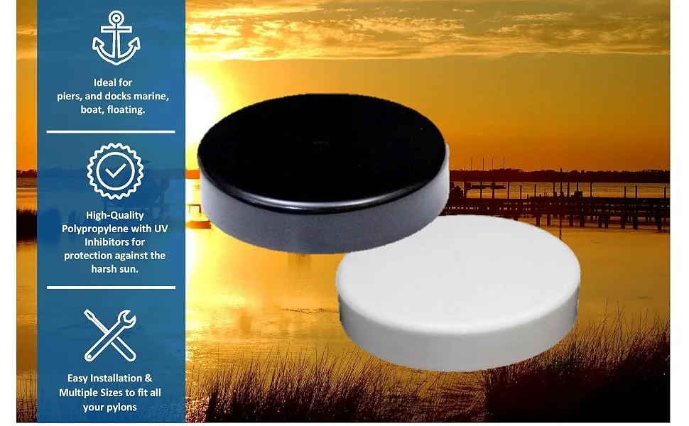 JSP Manufacturing Marine Dock Piling Cone Cap Boat Pylon Edge Post Head Cover Flat Pilling White 8.5 - black white flat style piling cap pylon topper top