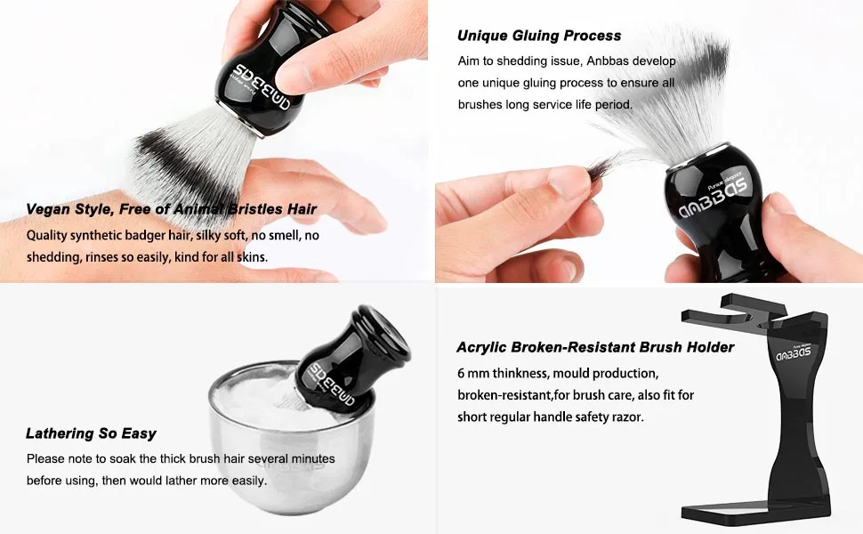 Anbbas Faux Badger Shaving Brush Set with 3.5OZ Milk Shaving Soap and Bowl Stainless Steel,Black Acrylic Shaving Stand Holer for DE Razor Men Close Shave Kit Resin - 3in1