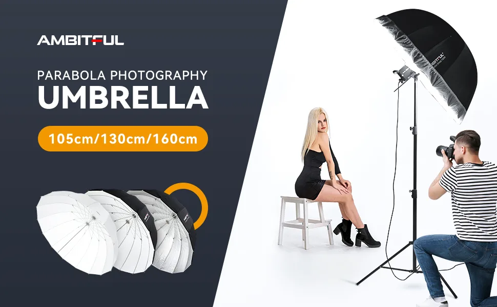 AMBITFUL Parabolic Umbrella UB-130S 51in Parabolic Silver Black Reflective Umbrella Studio Light Umbrella with Diffuser Cover Cloth (130S) AMBITFUL UB-130S - AMBITFUL UB