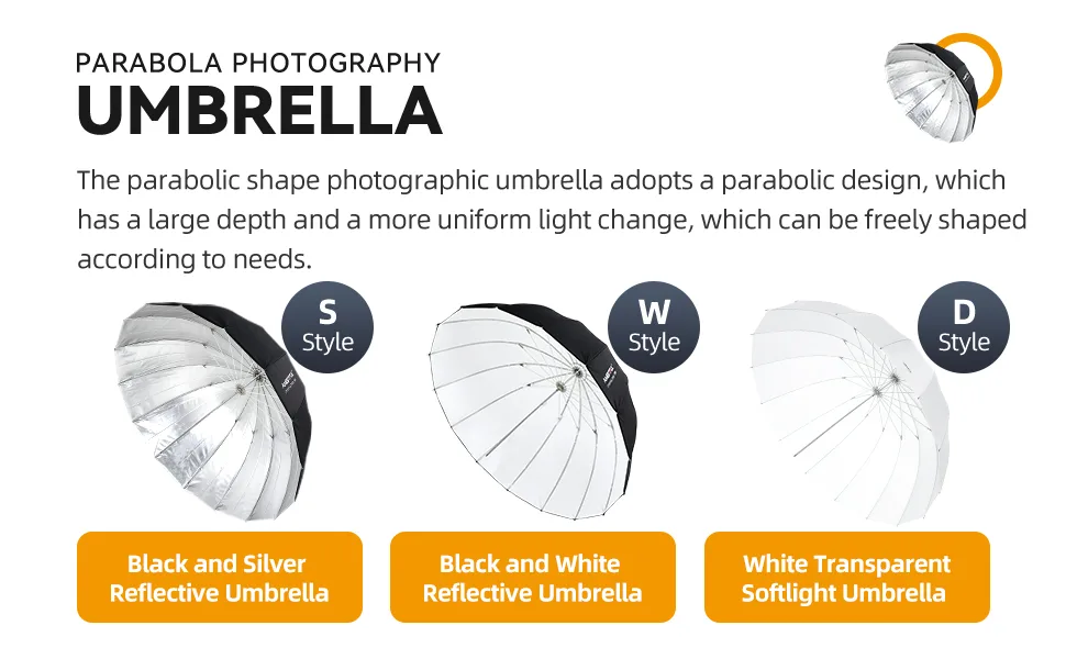 AMBITFUL Parabolic Umbrella UB-130S 51in Parabolic Silver Black Reflective Umbrella Studio Light Umbrella with Diffuser Cover Cloth (130S) AMBITFUL UB-130S - AMBITFUL UB