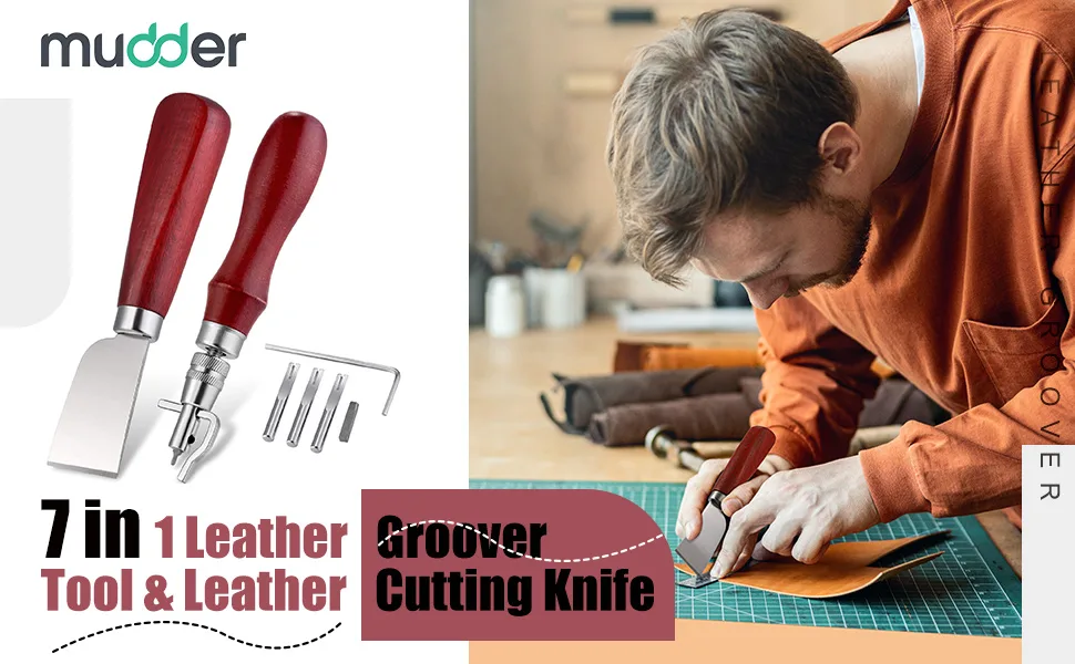 7 in 1 Leather Groover Tool and Leather Cutting Knife Set Adjustable Stitching Groover Leather Creasing Edge Leather Beveler Leather Grooving Tool Leather Edging Knife for DIY Leathercraft Cutting - product information 1