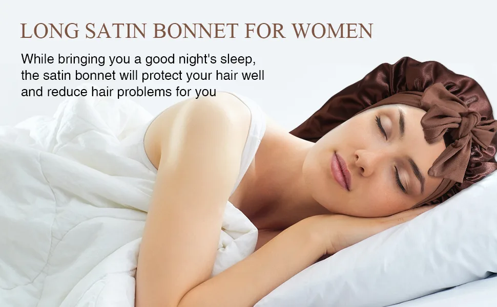 AWAYTR Long Satin Bonnet for Women - Double Layer Elastic Silk Bonnet for Braids Hair Sleeping Cap with Tie Band (Black) One Size Black - satin sleep cap