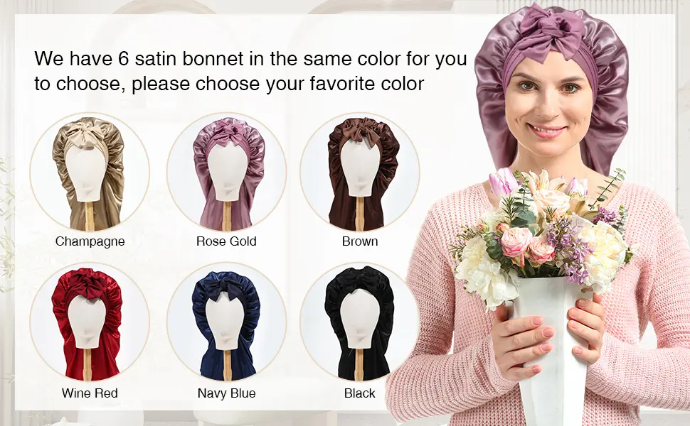 AWAYTR Long Satin Bonnet for Women - Double Layer Elastic Silk Bonnet for Braids Hair Sleeping Cap with Tie Band (Black) One Size Black - Silk bonnet with tie band