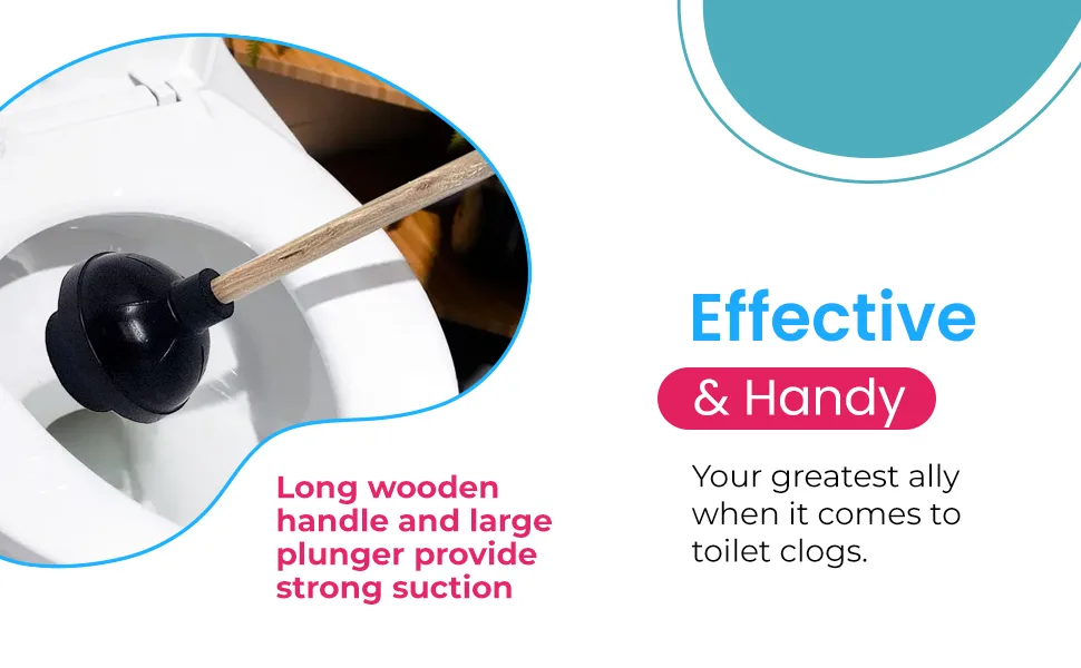 Heavy Duty Black Toilet Plunger with Double Thrust Force Suction Cup, Long Wooden Handle & Large Suction Cup, Clogged Toilet Solution for Bathroom - Set of 1 - Effective & Handy This plunger will be your greatest ally when it comes to toilet clogs.