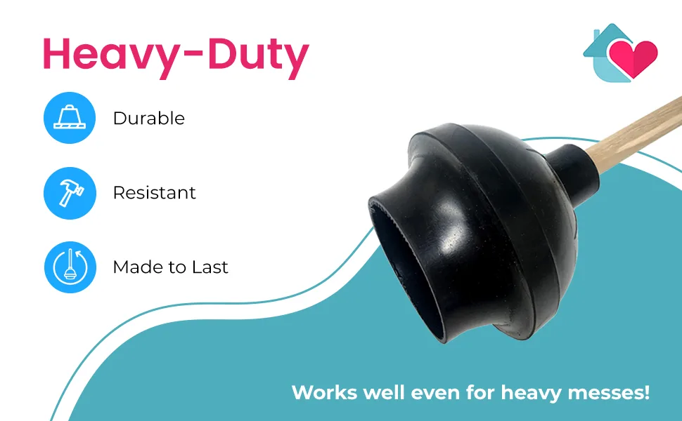 Heavy Duty Black Toilet Plunger with Double Thrust Force Suction Cup, Long Wooden Handle & Large Suction Cup, Clogged Toilet Solution for Bathroom - Set of 1 - Heavy-Duty Durable, resistant, and made to last. High-quality that you can feel.