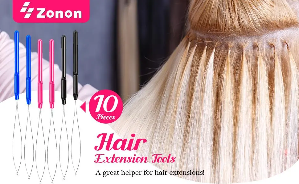 10 Pieces Hair Extension Loop Needle Threader Pulling Hook Tool and Bead Device Tool Black Loop Threader for Hair or Feather Extensions (Black) - product information 1
