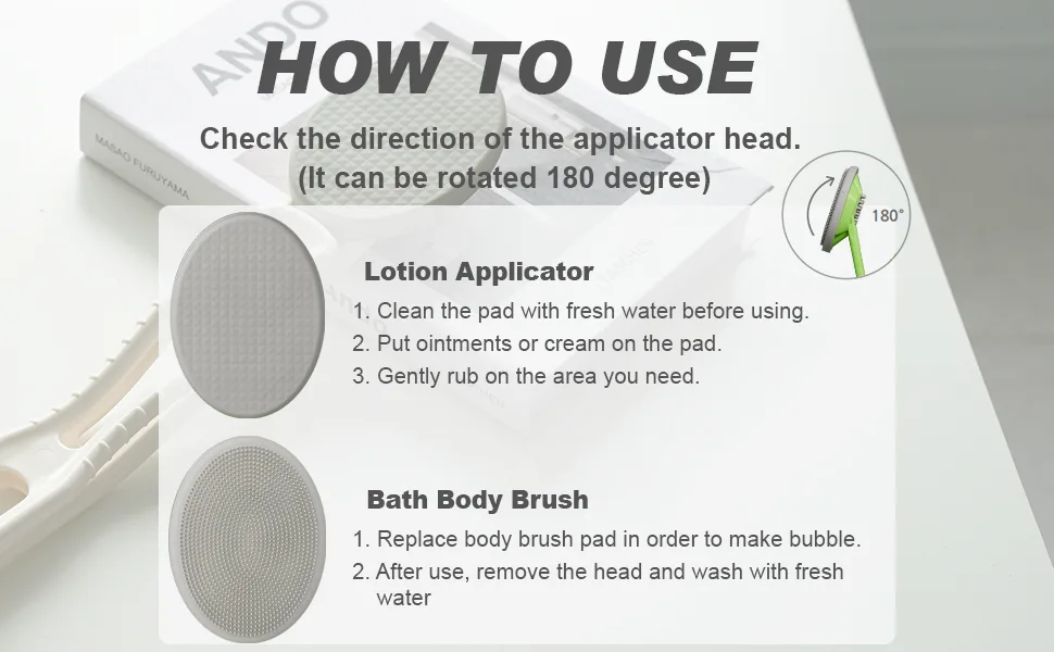 DOWMI Lotion Applicator for Back, Foldable - 19" Long Handle, Applies Creams, Sunscreens, and Ointments - Includes 2 Types of Pads Green - product information 16