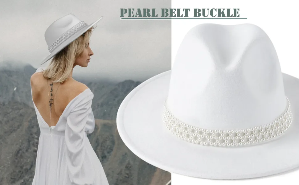 HUDANHUWEI Womens Wide Brim Fedora Hat with Pearl Band Lady Panama Hat Beige - VIM0429