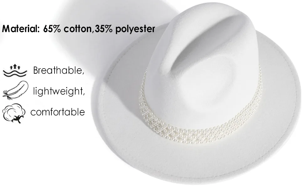HUDANHUWEI Womens Wide Brim Fedora Hat with Pearl Band Lady Panama Hat Beige - VIM0429