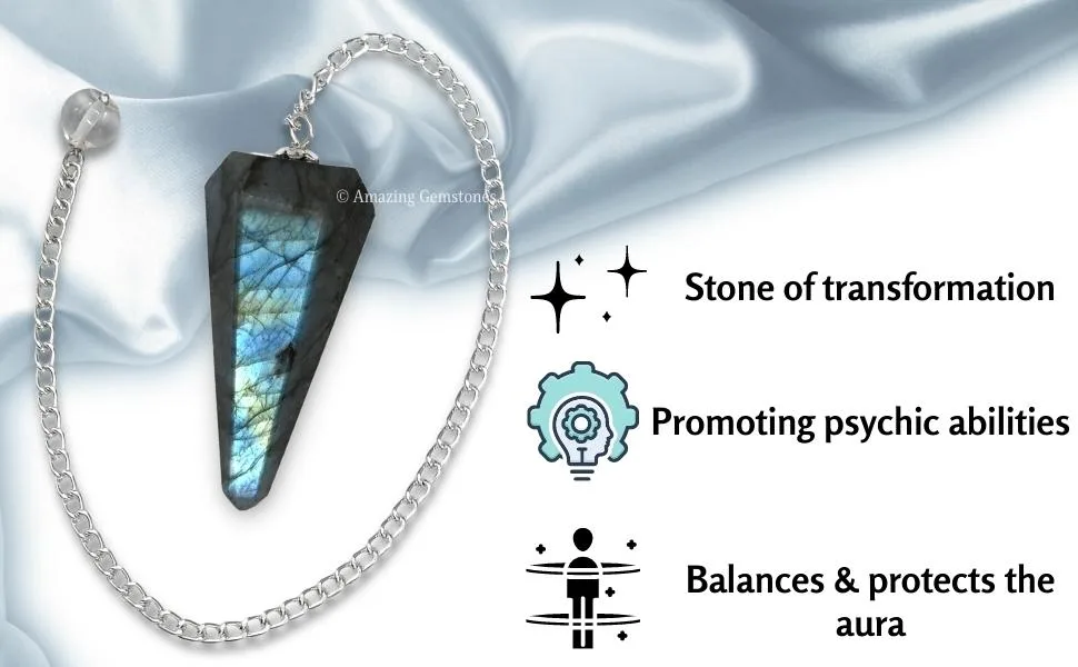 Amazing Gemstone Labradorite Crystal Pendulum for Divination - Dowsing Pendulum with Chakra Chain and Crystal Ball for Reiki Healing and Crystal Grid Meditation - labradorite crystal pendulum