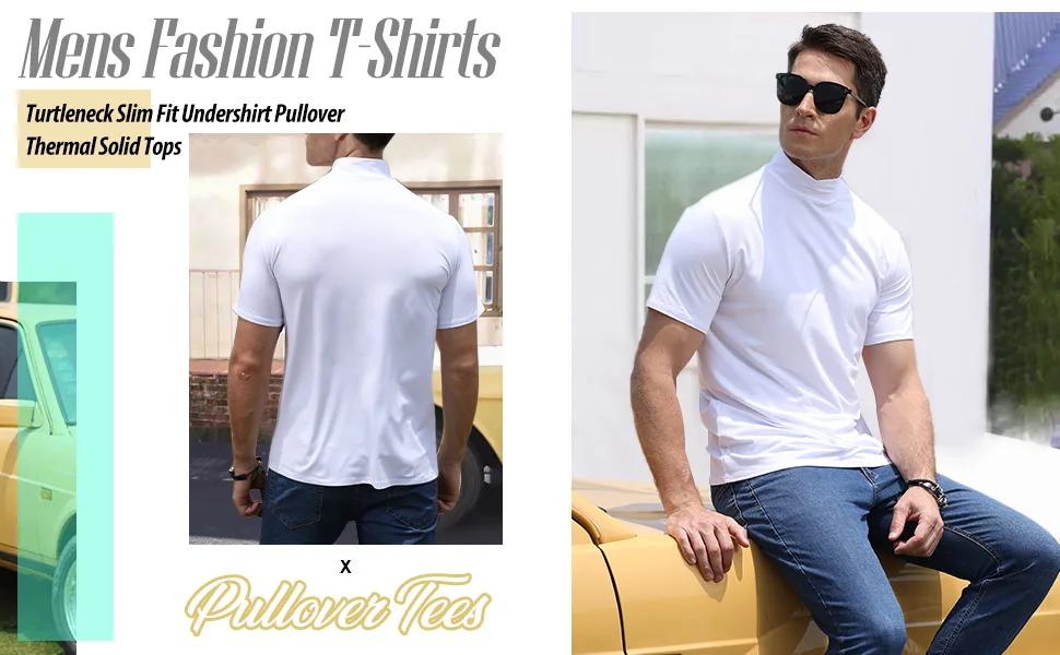 Mens Short Sleeve Basic Tops Mock Turtleneck Casual Pullover T-Shirt Slim Fit Solid Undershirt 3X-Large White - Mens Slim Fit Basic Pullover Tees