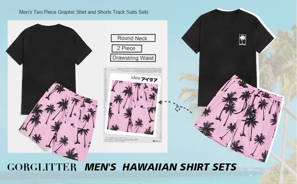 GORGLITTER Men's Two Piece Outfits Hawaiian Sets Graphic Shirt and Shorts Track Suits Sets Medium Black and Pink - men 2 piece outfits summer sets