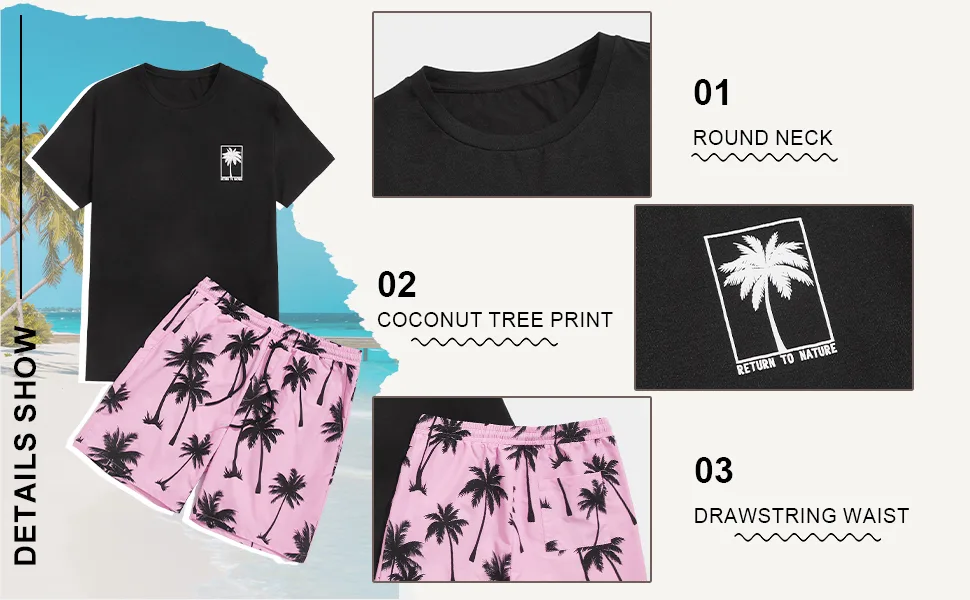 GORGLITTER Men's Two Piece Outfits Hawaiian Sets Graphic Shirt and Shorts Track Suits Sets Medium Black and Pink - men hawaiian summer short sets