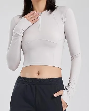 ZHENWEI Women's Cropped Athletic Jackets Half Zip Tight Workout Tops for Women Long Sleeve Black Medium - cropped workout jacket