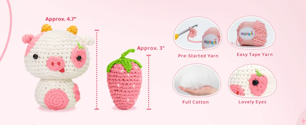 Mewaii Crochet Kit for Beginners, Complete DIY Crochet Kit Animals with Pre-Started Tape Yarn Step-by-Step Video Tutorials for Adults and Kids (Strawberry Cow) - beginner crochet kit for adults