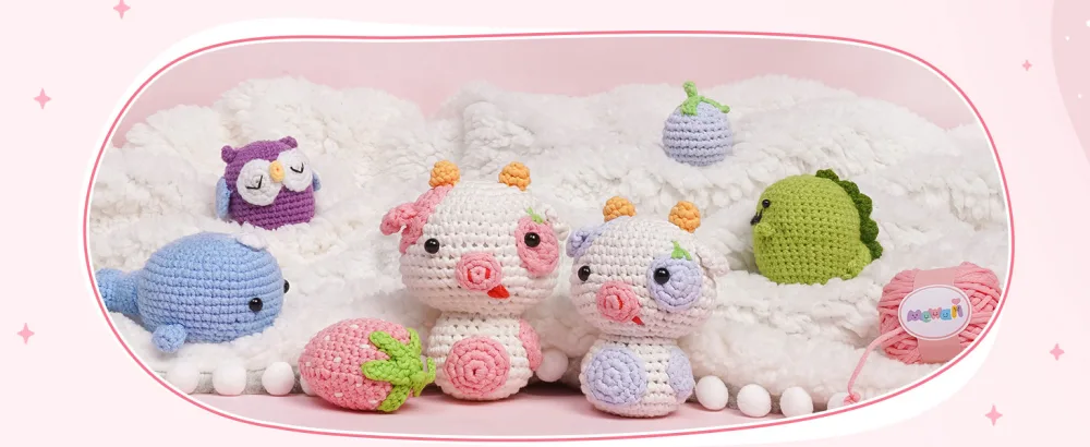 Mewaii Crochet Kit for Beginners, Complete DIY Crochet Kit Animals with Pre-Started Tape Yarn Step-by-Step Video Tutorials for Adults and Kids (Strawberry Cow) - beginner crochet kit for adults