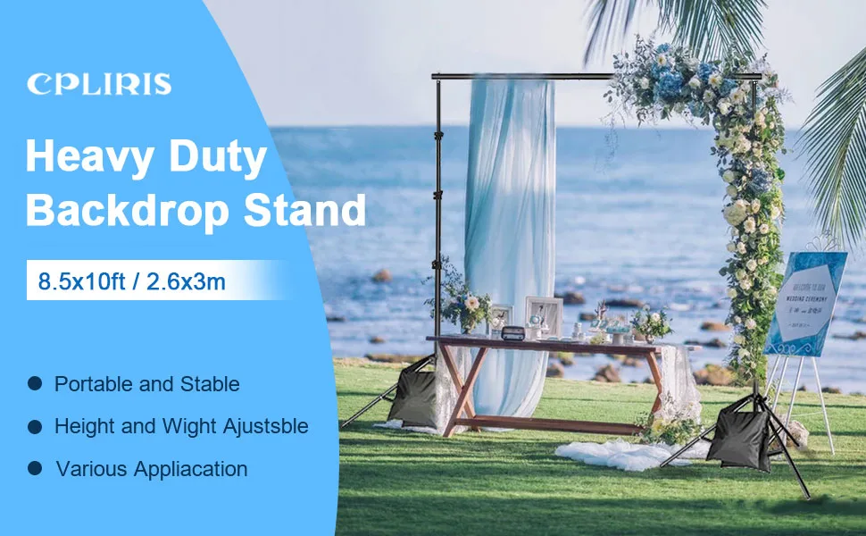 CPLIRIS Backdrop Stand, 8.5x10ft Ajustable Photo Backdrop Stand for Parties, Background Support System for Events with Spring Clamps, Backdrop Clips, Sandbag and Carry Bag 8.5x10ft V2 - 8.5x10ft/ 2.6x3m Heavy Duty Backdrop Stand for parties