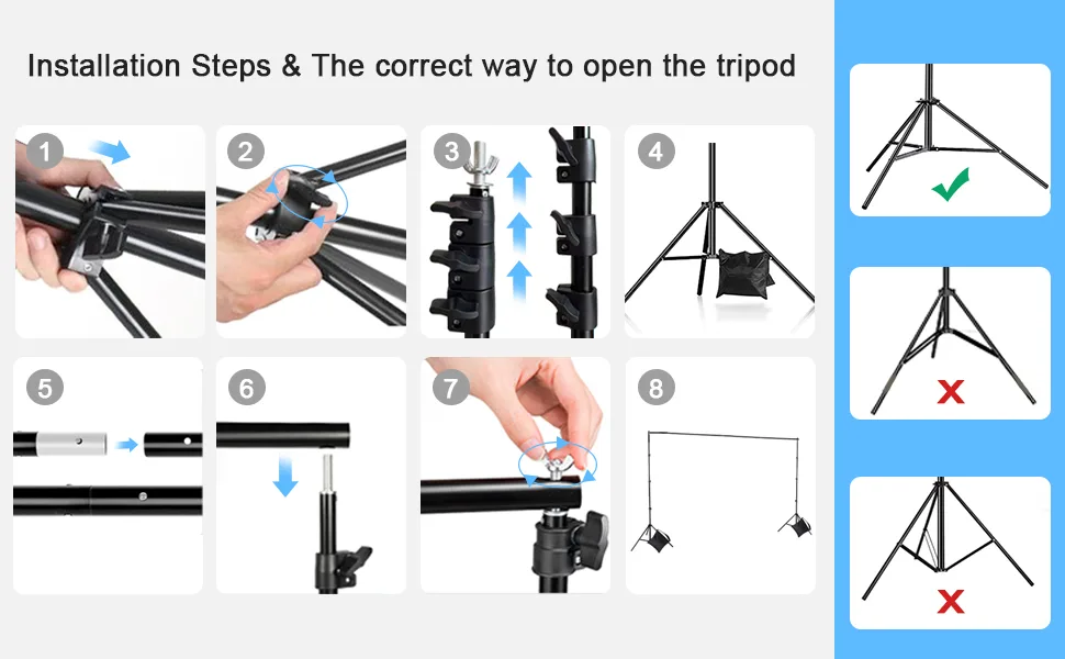 CPLIRIS Backdrop Stand, 8.5x10ft Ajustable Photo Backdrop Stand for Parties, Background Support System for Events with Spring Clamps, Backdrop Clips, Sandbag and Carry Bag 8.5x10ft V2 - Installation steps of 8.5x10ft photo Backdrop Stand