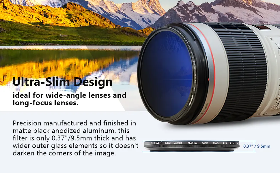 NEEWER 77mm MRC Variable ND Filter ND2-ND400, Neutral Density Adjustable ND Filter (0.3 to 2.7,1 to 9 Stops), Multi Layer Coated Optical Glass, Water Repellent & Scratch Resistant Ultra Slim Filter - product information 4