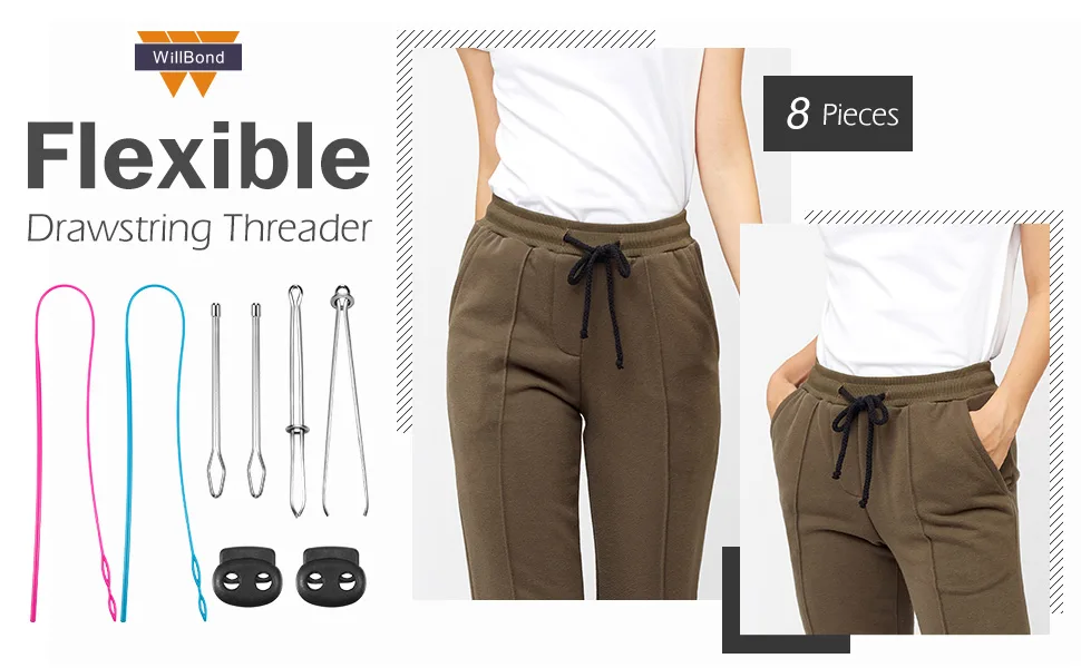 8 Pcs Drawstring Threader Tool Set, 2 Pcs Flexible Drawstring Threader Plastic Drawstring Replacement Tool 2 Pcs Metal Drawstring Threaders 2 Pcs Metal Tweezers and 2 Pcs Cord Locks for Shorts Hoodies - product information 1
