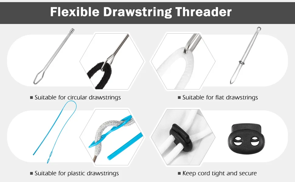8 Pcs Drawstring Threader Tool Set, 2 Pcs Flexible Drawstring Threader Plastic Drawstring Replacement Tool 2 Pcs Metal Drawstring Threaders 2 Pcs Metal Tweezers and 2 Pcs Cord Locks for Shorts Hoodies - product information 2