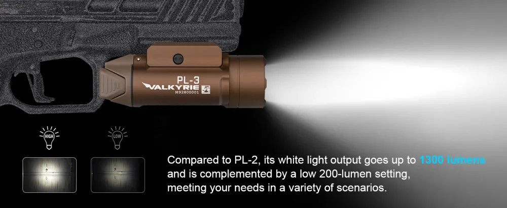 OLIGHT PL-3 Valkyrie 1300 Lumens LED Compact Weaponlight Rail-Mounted Tactical Light with Rail Locating Keys for 1913 Picatinny, GL Style, Black - OLIGHT PL-3