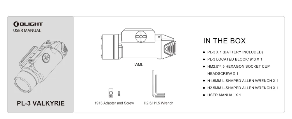 OLIGHT PL-3 Valkyrie 1300 Lumens LED Compact Weaponlight Rail-Mounted Tactical Light with Rail Locating Keys for 1913 Picatinny, GL Style, Black - OLIGHT PL-3