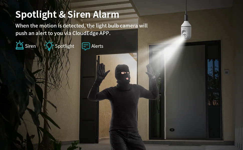 2K Light Bulb Security Camera Outdoor, 360 Wi-Fi Lightbulb Security Wireless Camera with Color Night Vision, Motion Tracking Sensor, 24/7 Recording, SD&Cloud Storage, Works with Alexa, E26/E27 Socket Light Bulb Camera - Light bulb camera