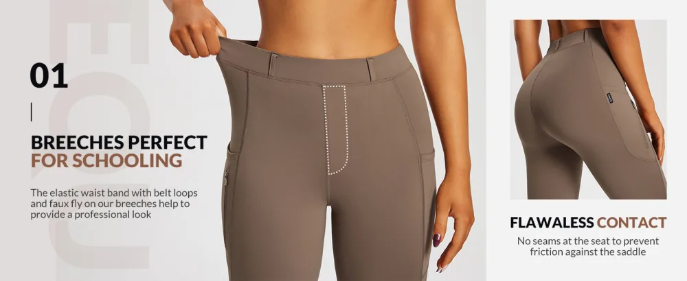 BALEAF Womens Horse Riding Pants Silicone Knee-Patch Riding Breeches Equestrian Schooling Tights Zipper Pockets 01-brown Small - riding pants