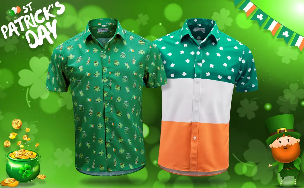 ENVMENST Mens St.Patrick's Day Shirt Irish Clover Printed Casual Short Sleeve Hawaiian Button Up Shirts Green Large - St Patrick