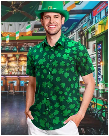 ENVMENST Mens St.Patrick's Day Shirt Irish Clover Printed Casual Short Sleeve Hawaiian Button Up Shirts Green Large - st patricks day men