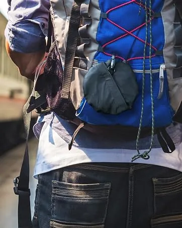 Toutacoo, Waterproof Wax Style Bucket Rain Hat 06-blue - foldable hat folded on itself and hanged on a back pack of a traveler